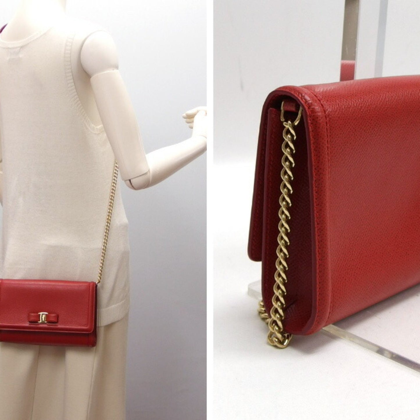Salvatore Ferragamo Vara Ribbon Chain Shoulder Bag Red
