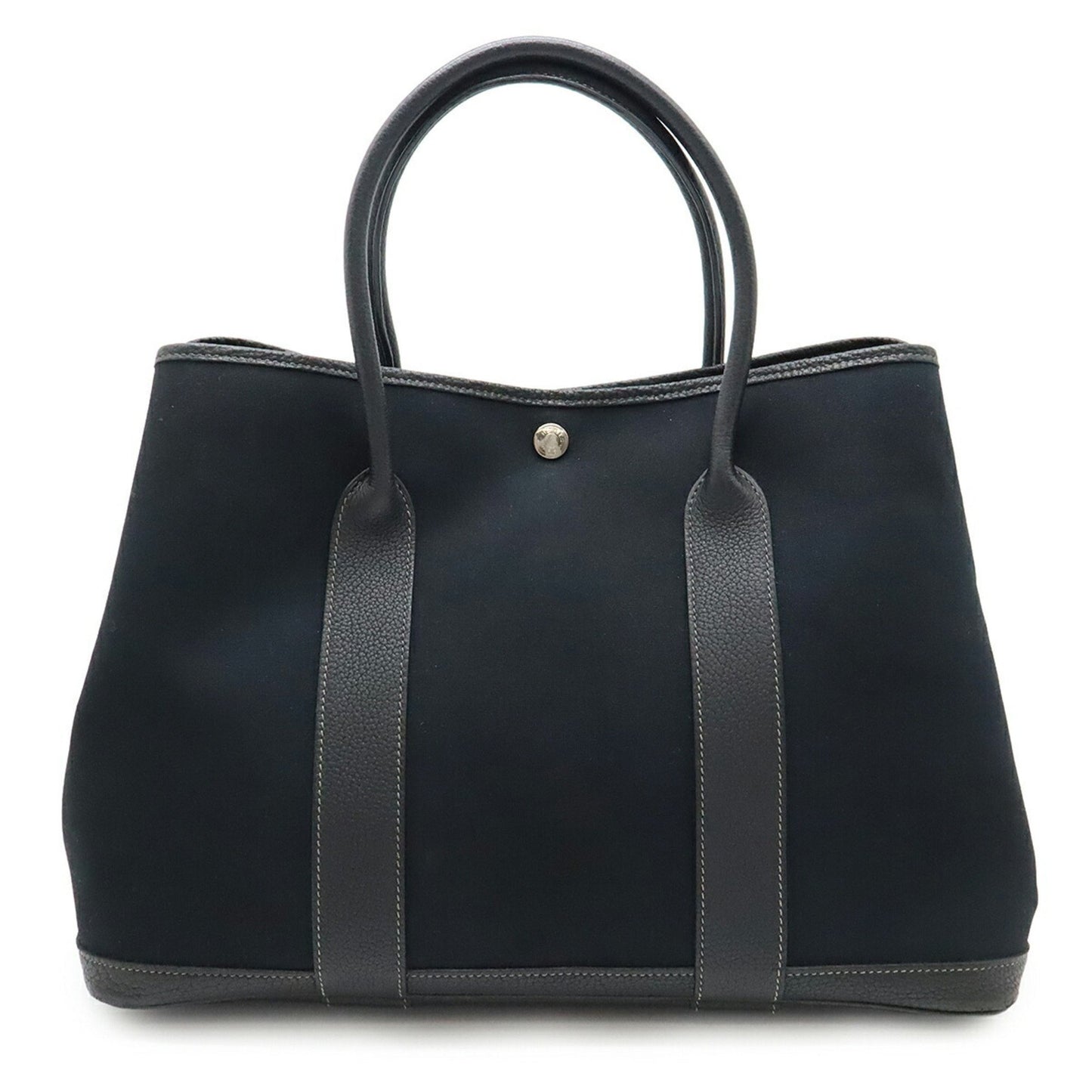 Hermes Garden Pm Tote Bag Handbag Toile Officier Canvas Leather Black