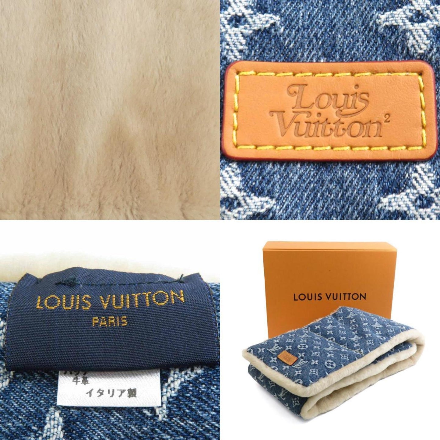 Louis Vuitton Scarf Nigo Collaboration Monogram Denim Echarpe Shearling Fur Blue X Beige
