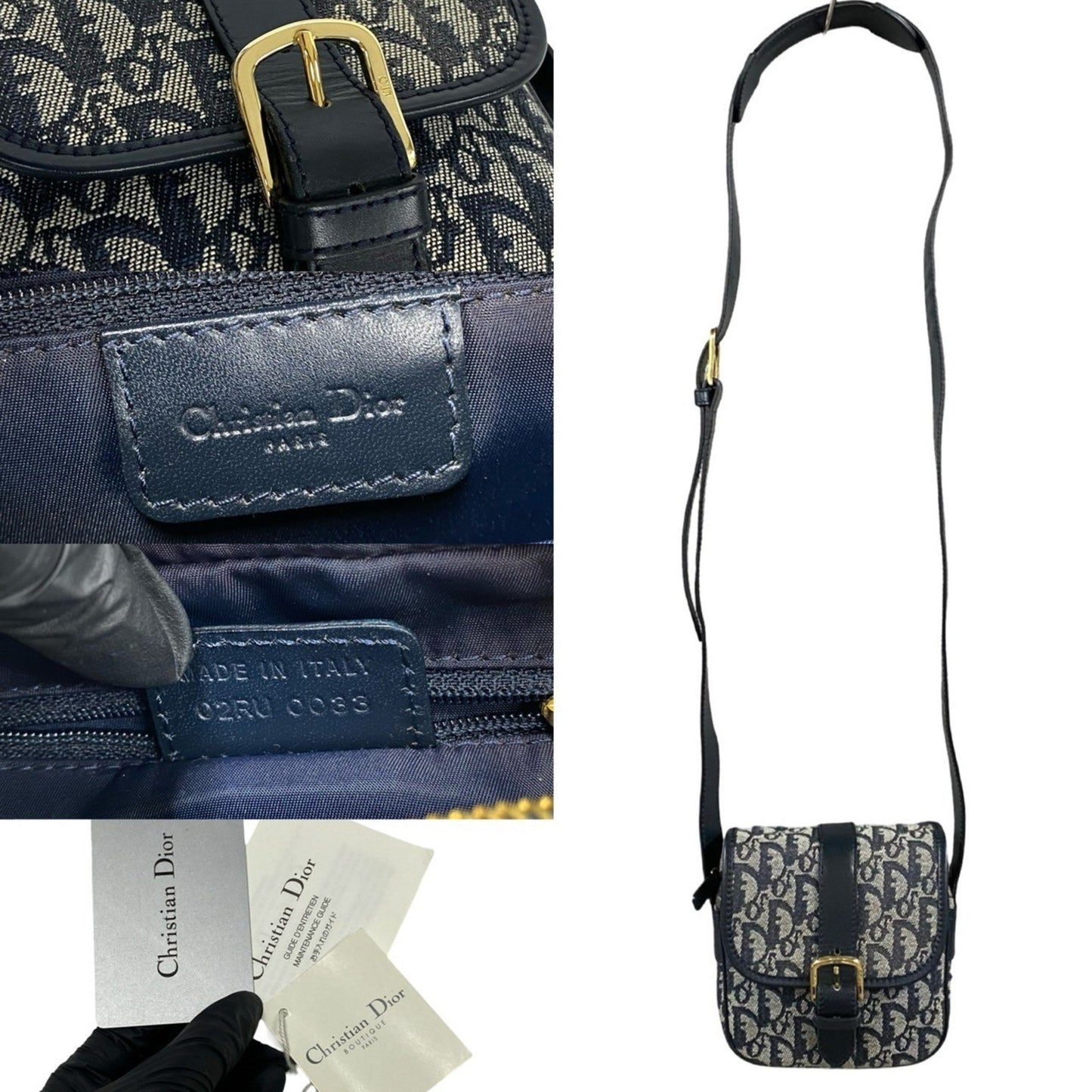 Christian Dior Trotter Pattern Leather Canvas Shoulder Bag Pochette Navy 34211
