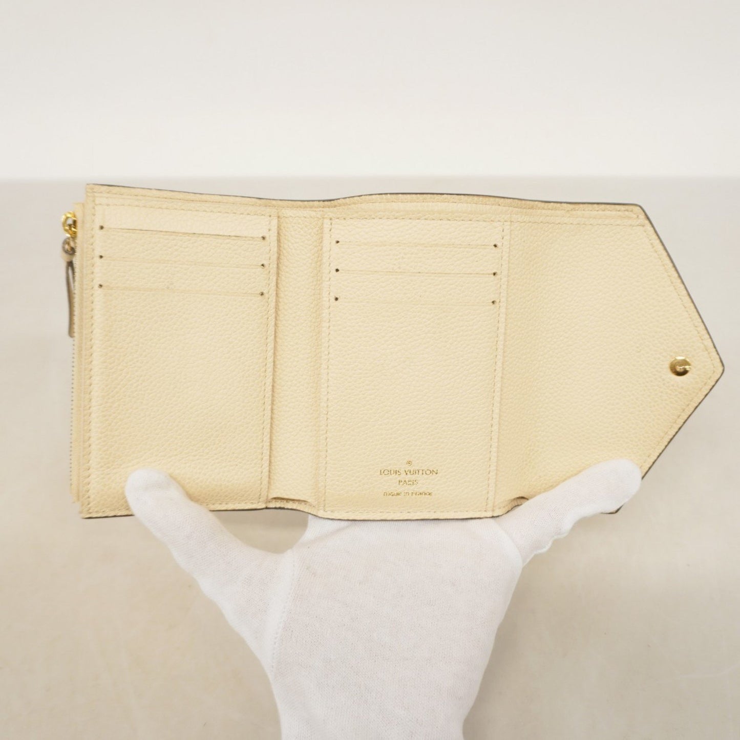 Louis Vuitton Monogram Empreinte Bicolor Tri-Fold Wallet Portefeuille Victorine M80086 Crme Bois De