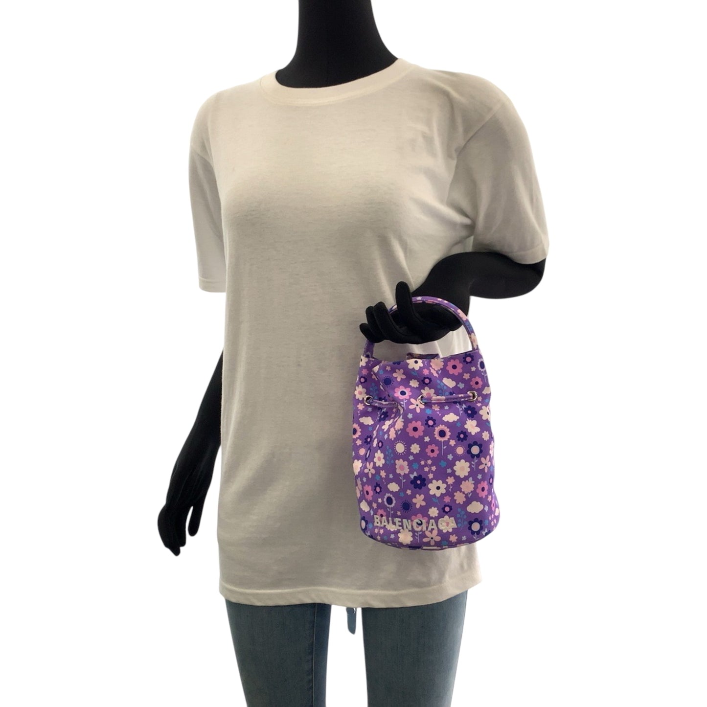 Balenciaga Drawstring Bucket Bag Flower Purple Multicolor Silver Hardware Ikat Nylon Canvas 656682