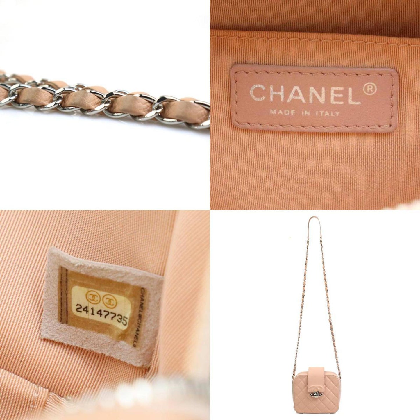 Chanel Shoulder Bag Caviar Skin Leather Pink Beige Silver