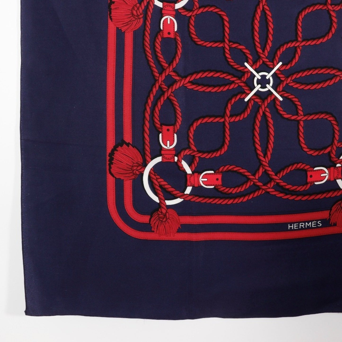 Hermes Carree Scarf Muffler Rope Pattern Silk Navy/Red