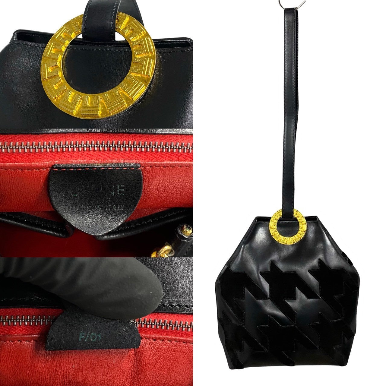 Celine Shoulder Bag Calfskin Black Arc De Triomphe Motif Circle Metal Women