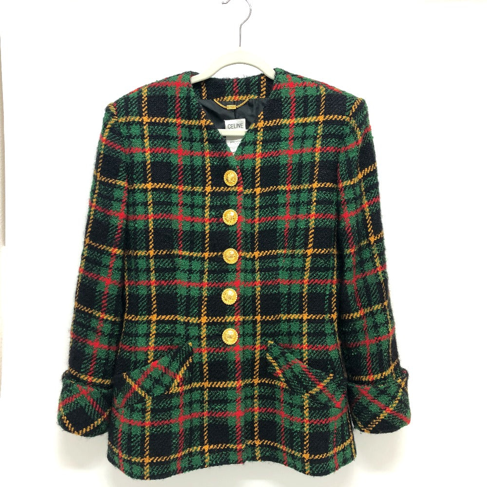 Celine Jacket Tweed Green/Yellow/Red/Black Vintage Check Macadam Button Jacket Outerwear Apparel