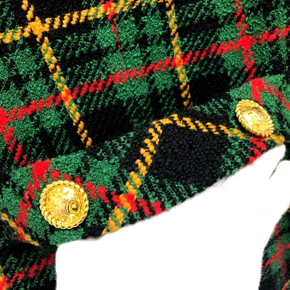 Celine Jacket Tweed Green/Yellow/Red/Black Vintage Check Macadam Button Jacket Outerwear Apparel