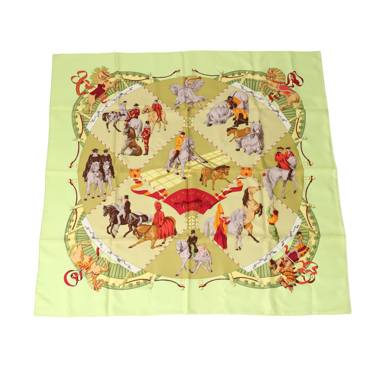 Hermes Scarf Silk Yellowish Green Stall Chantilly Castle Horse Museum Carre90 Women