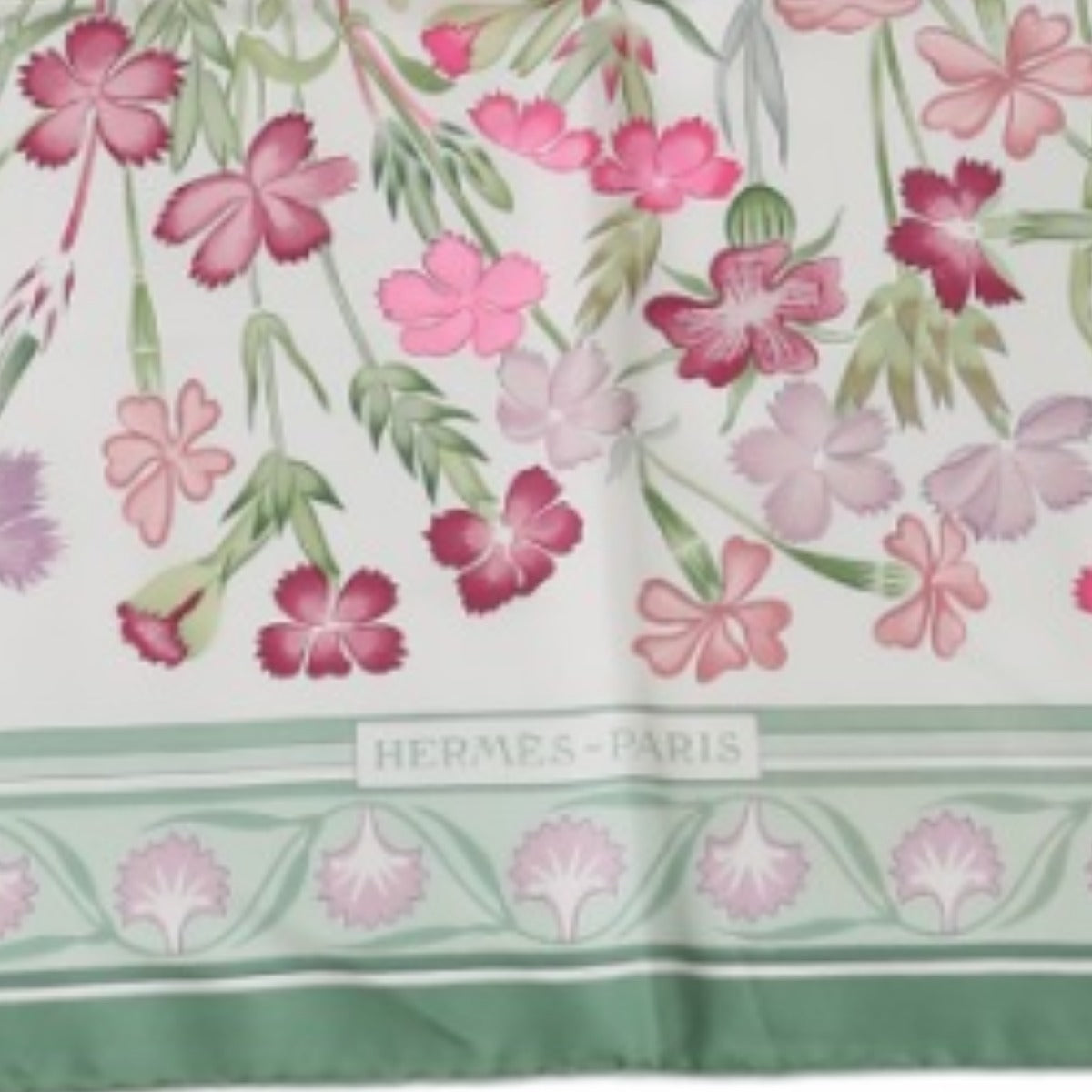 Hermes Scarf Silk Green Scarf Flour Wild Carnations And Dianthus Women