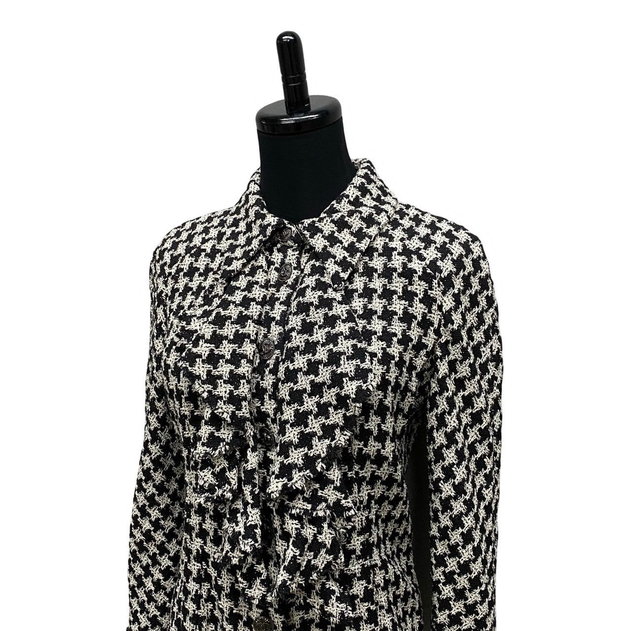Chanel Tailored Jacket Silk, Metal White Coco Mark Houndstooth Pattern Women 36