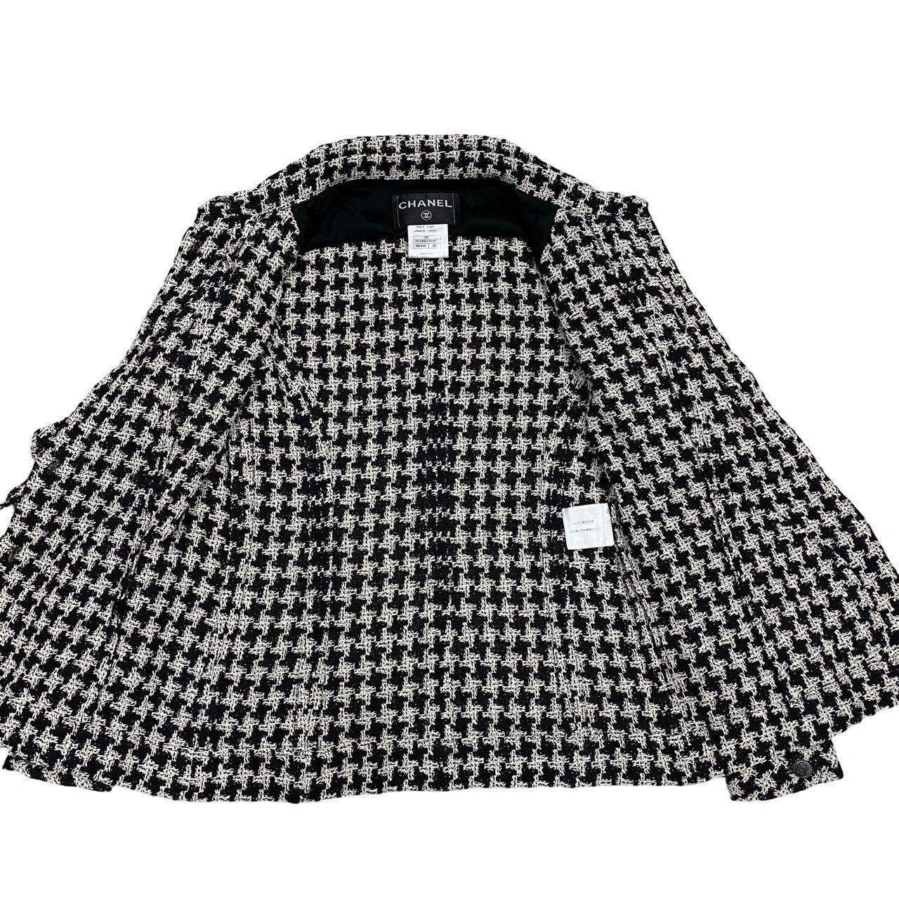Chanel Tailored Jacket Silk, Metal White Coco Mark Houndstooth Pattern Women 36