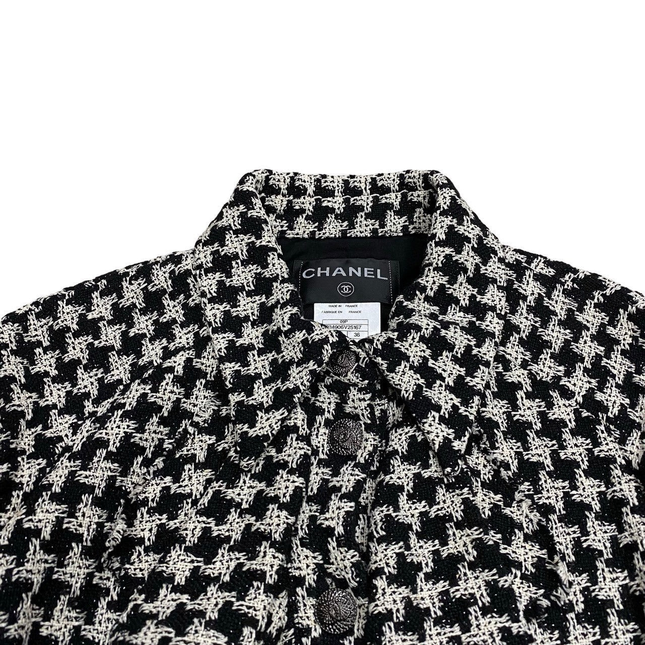Chanel Tailored Jacket Silk, Metal White Coco Mark Houndstooth Pattern Women 36