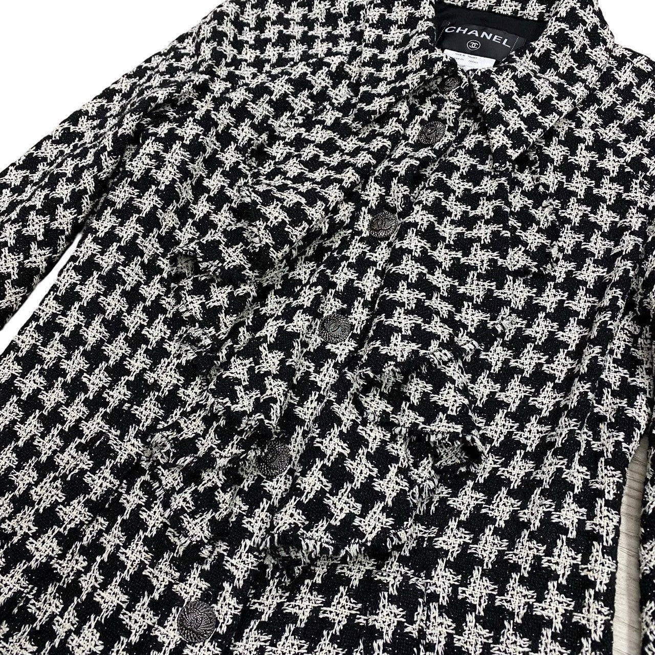 Chanel Tailored Jacket Silk, Metal White Coco Mark Houndstooth Pattern Women 36