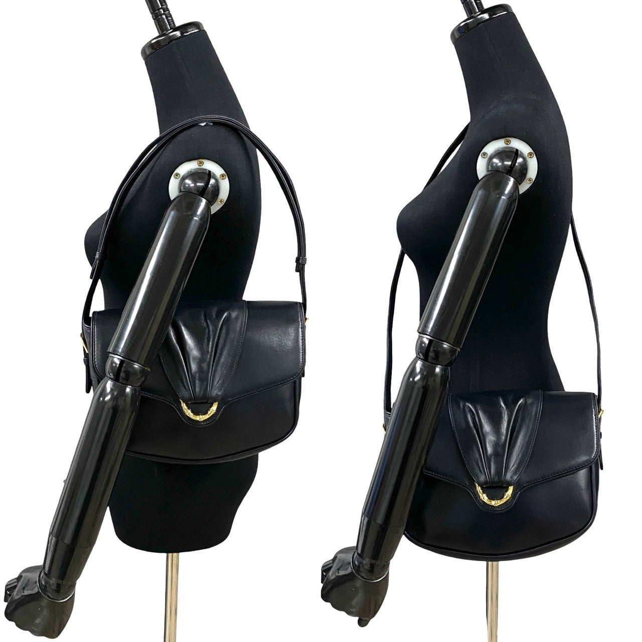 Gucci Shoulder Bag Leather Black Bamboo Metal Old Gucci Women