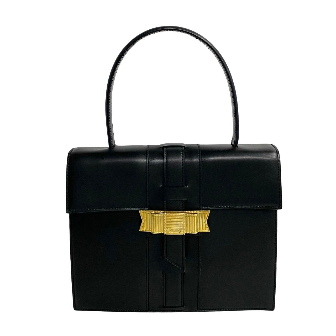 Celine Handbag Calfskin, Leather Black Ribbon Logo Metal Women