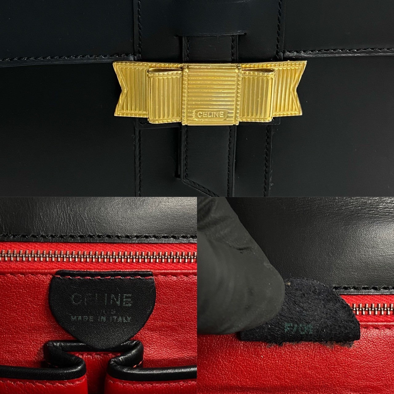 Celine Handbag Calfskin, Leather Black Ribbon Logo Metal Women