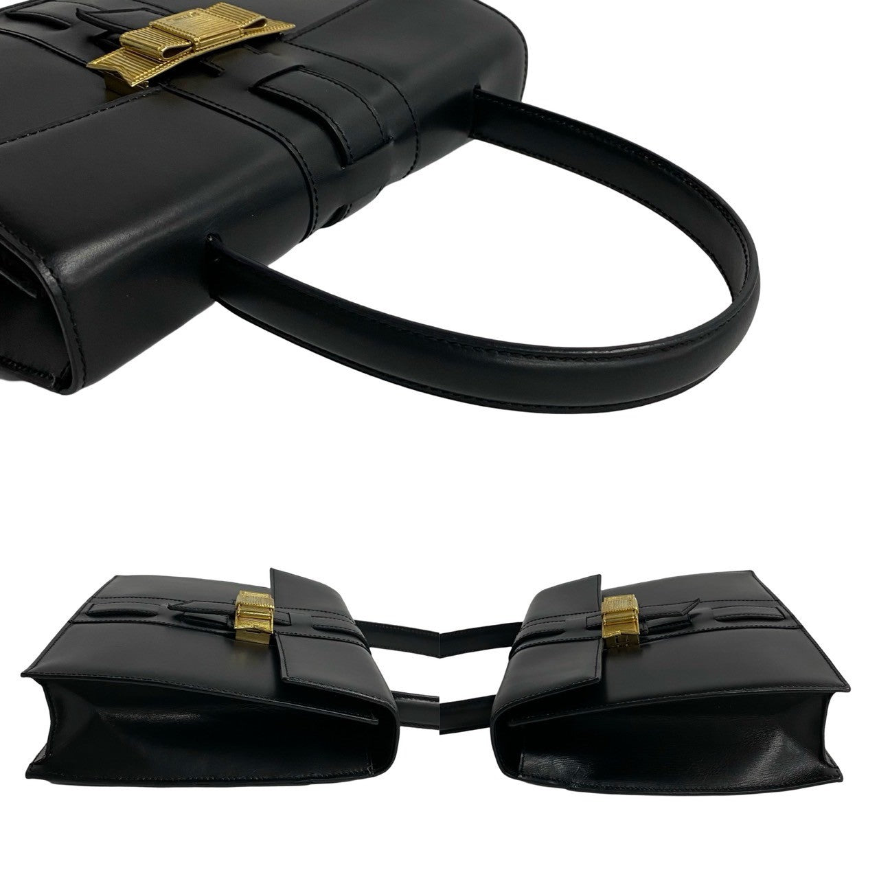 Celine Handbag Calfskin, Leather Black Ribbon Logo Metal Women