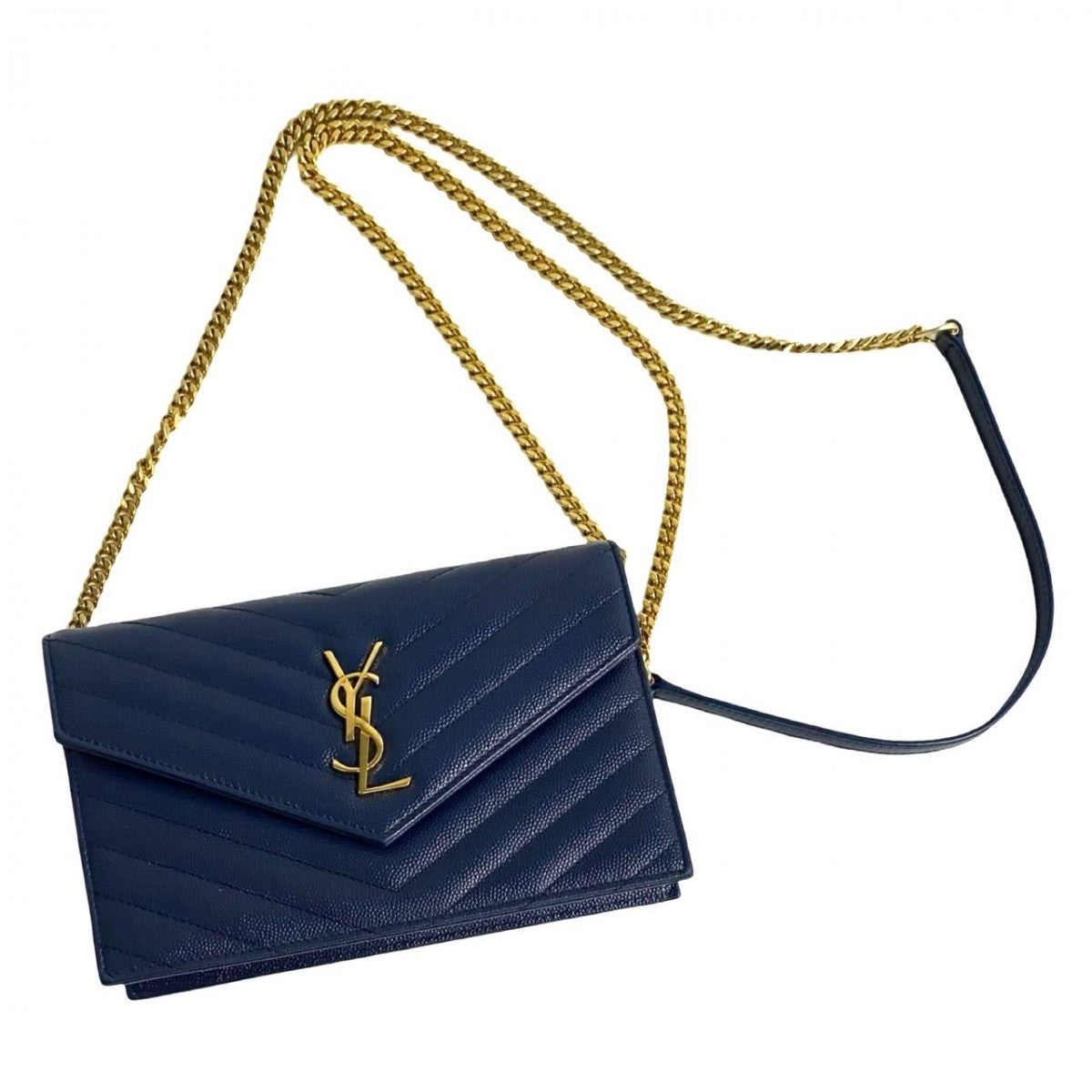 Saint Laurent Shoulder Bag Leather Navy Ysl Logo Metal Envelope Wallet Bag Women