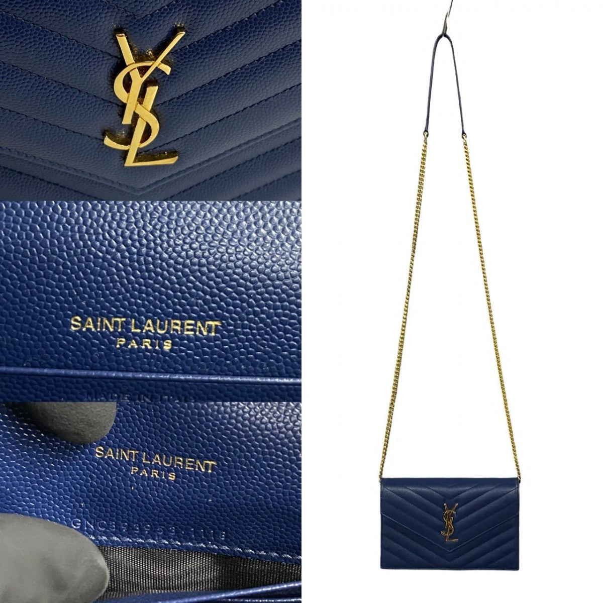 Saint Laurent Shoulder Bag Leather Navy Ysl Logo Metal Envelope Wallet Bag Women