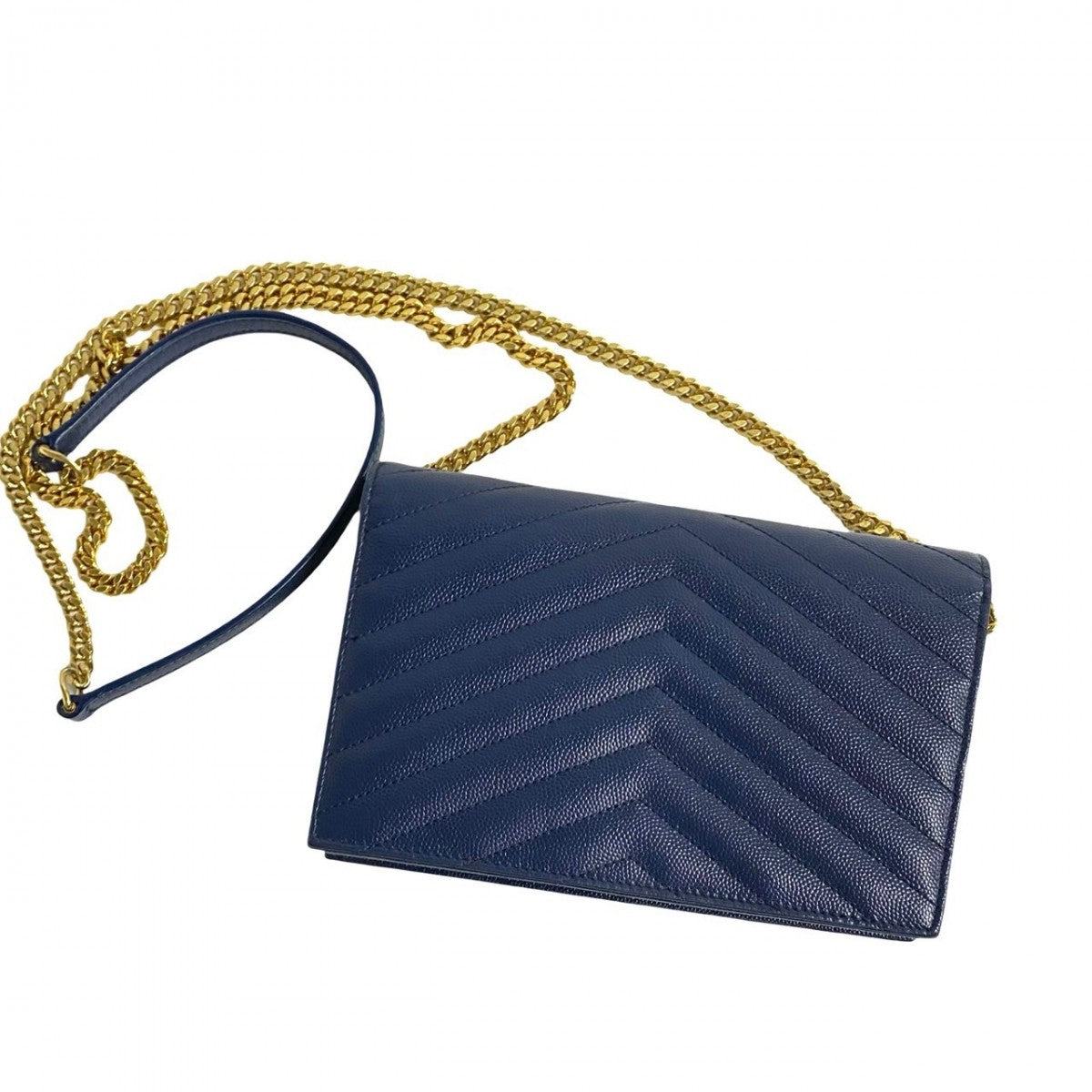 Saint Laurent Shoulder Bag Leather Navy Ysl Logo Metal Envelope Wallet Bag Women