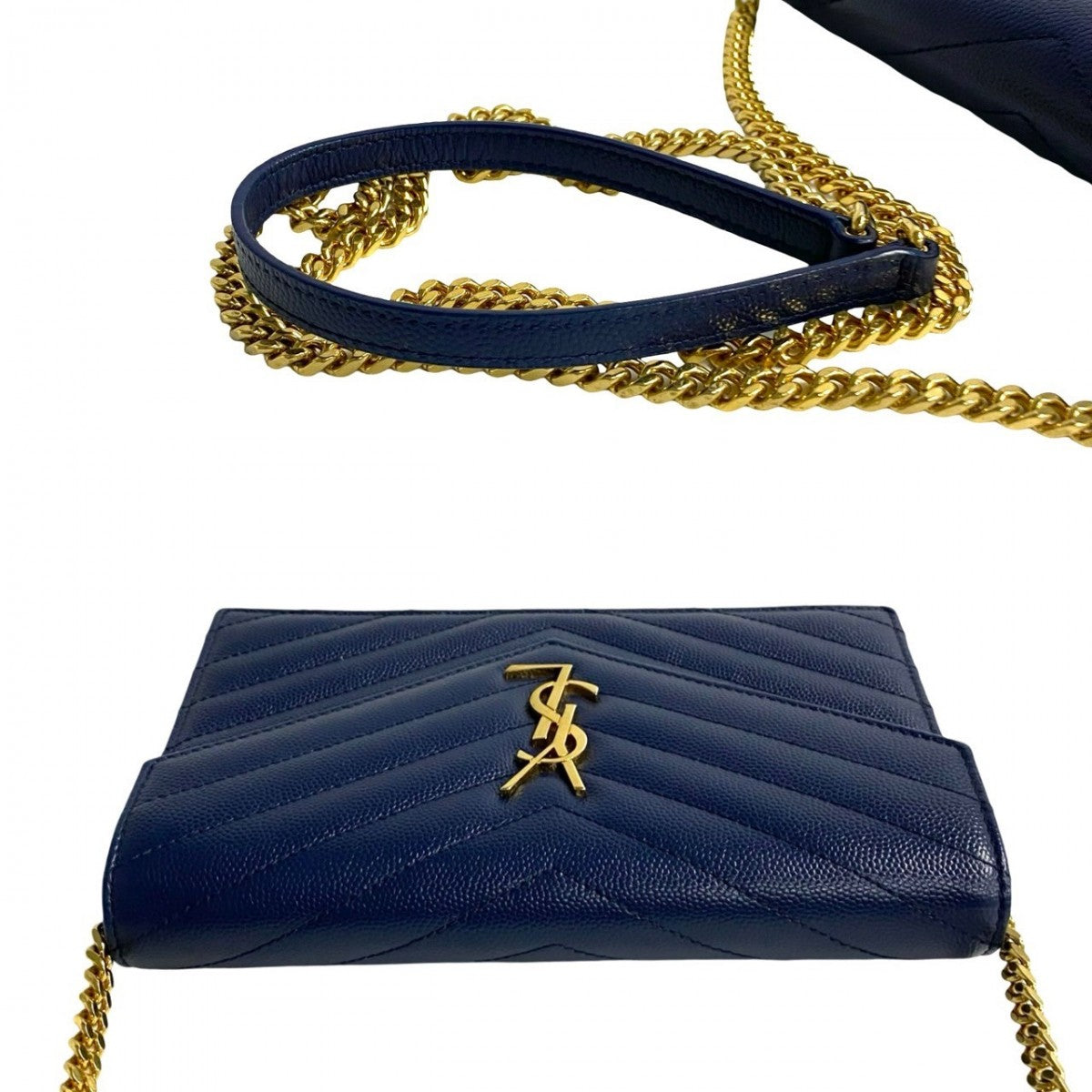 Saint Laurent Shoulder Bag Leather Navy Ysl Logo Metal Envelope Wallet Bag Women
