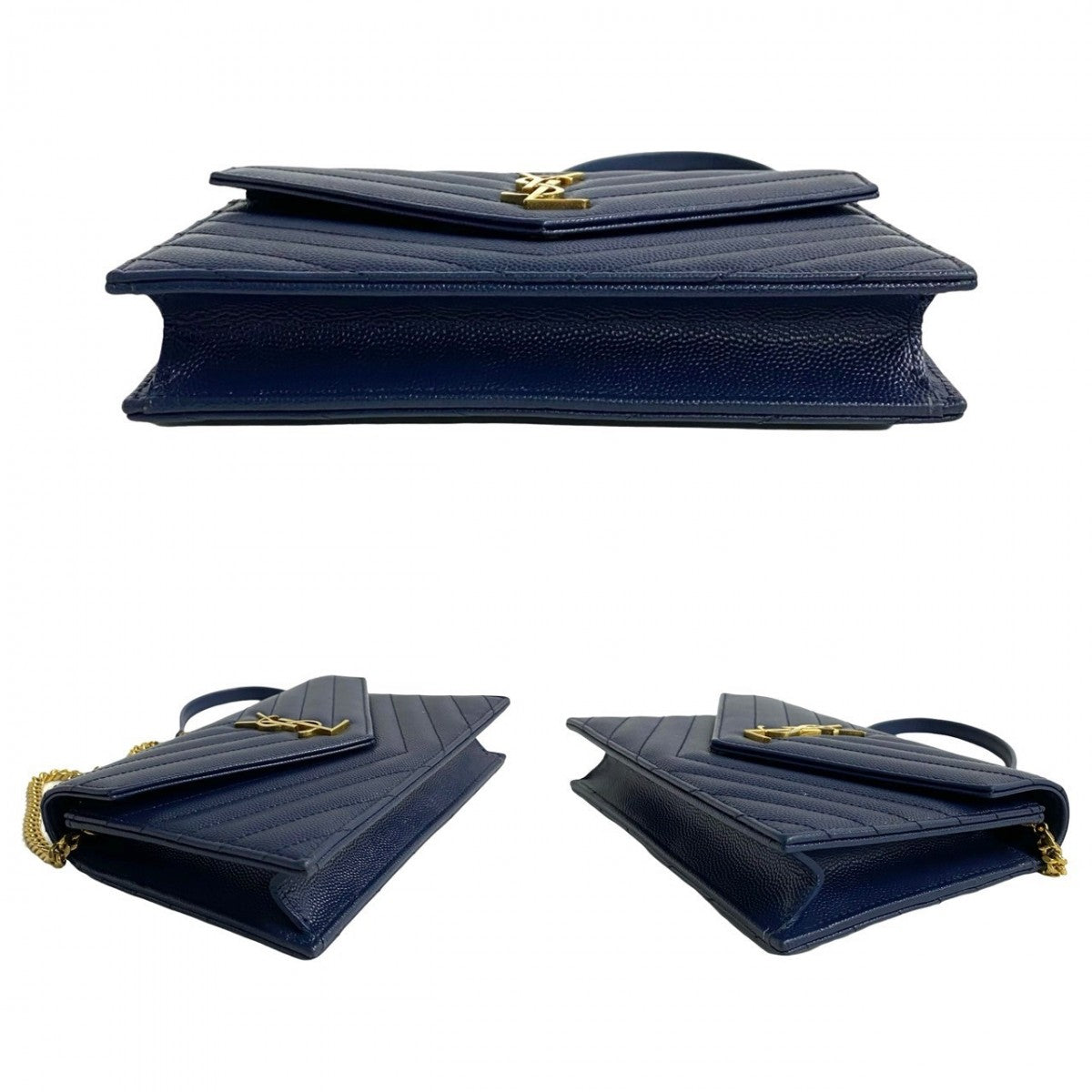 Saint Laurent Shoulder Bag Leather Navy Ysl Logo Metal Envelope Wallet Bag Women