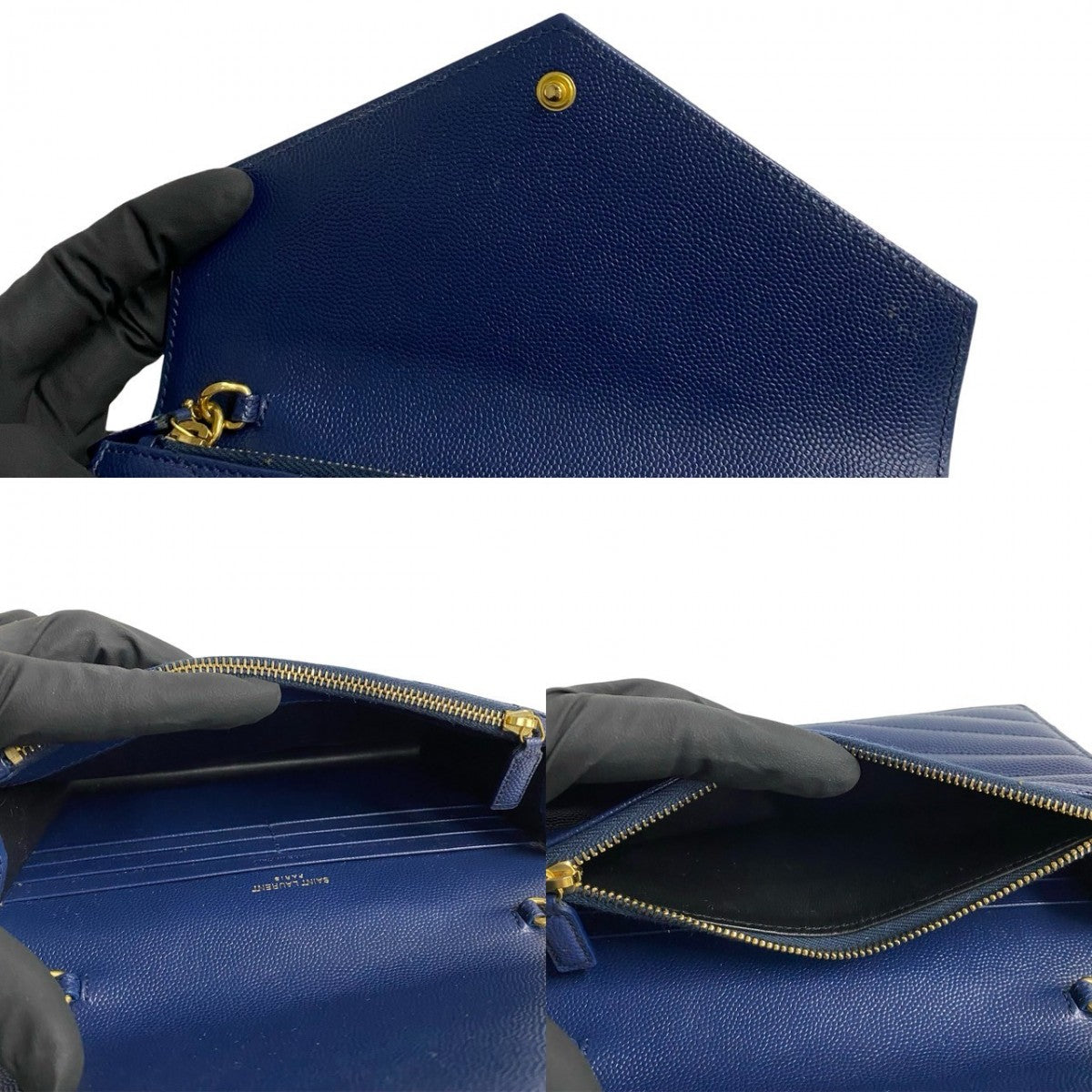 Saint Laurent Shoulder Bag Leather Navy Ysl Logo Metal Envelope Wallet Bag Women