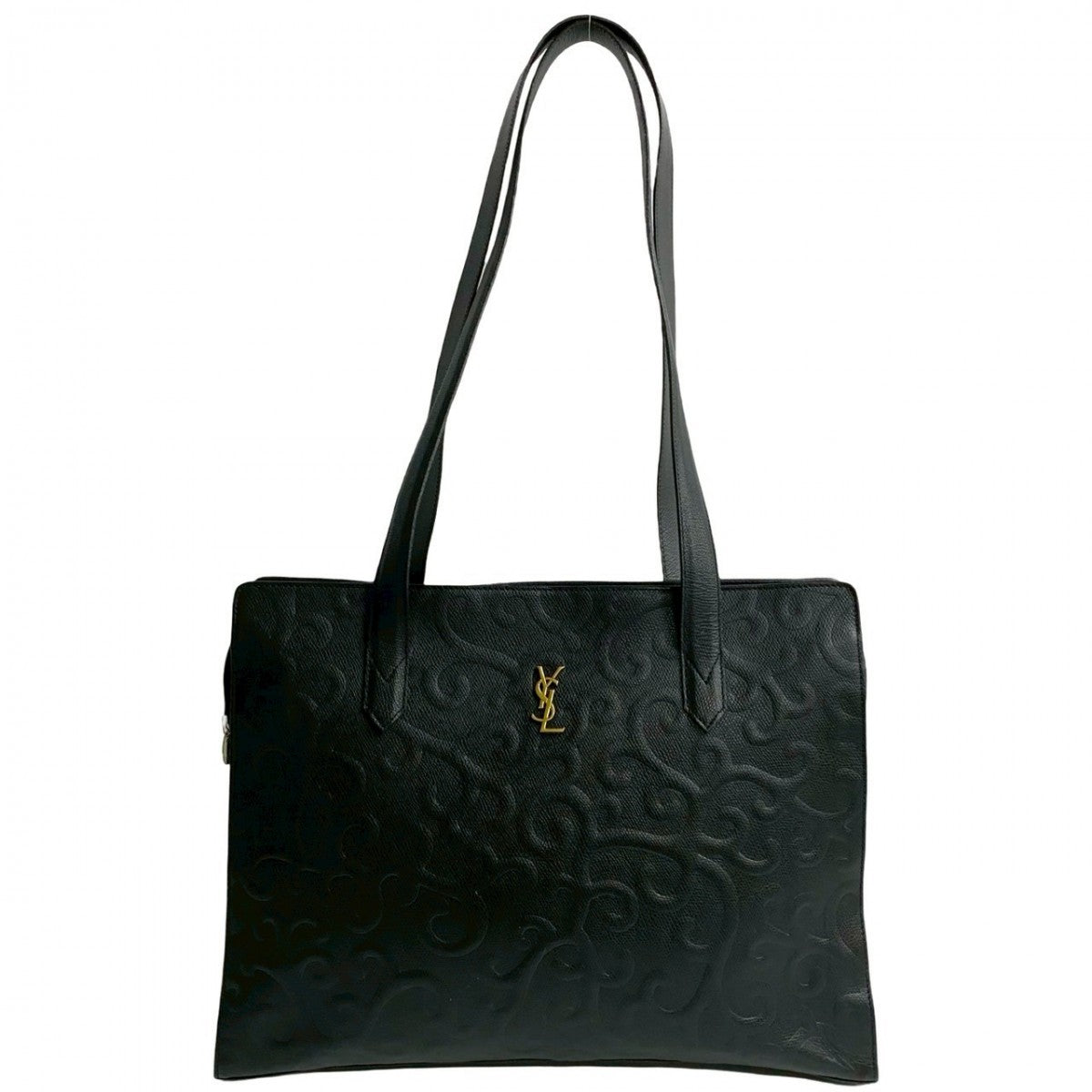 Yves Saint Laurent Tote Bag Leather Black Ysl Logo Arabesque Pattern Women(Unisex)