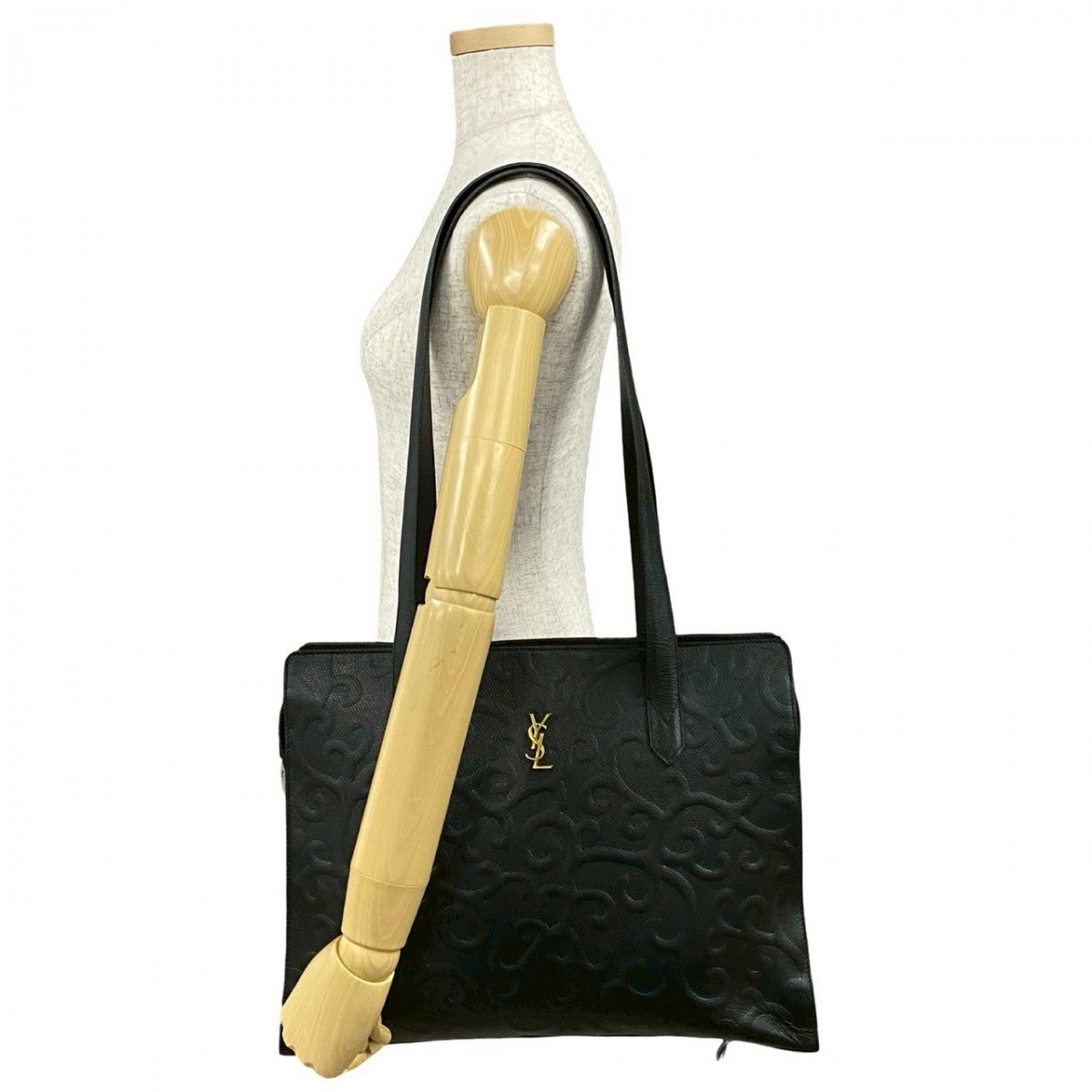 Yves Saint Laurent Tote Bag Leather Black Ysl Logo Arabesque Pattern Women(Unisex)