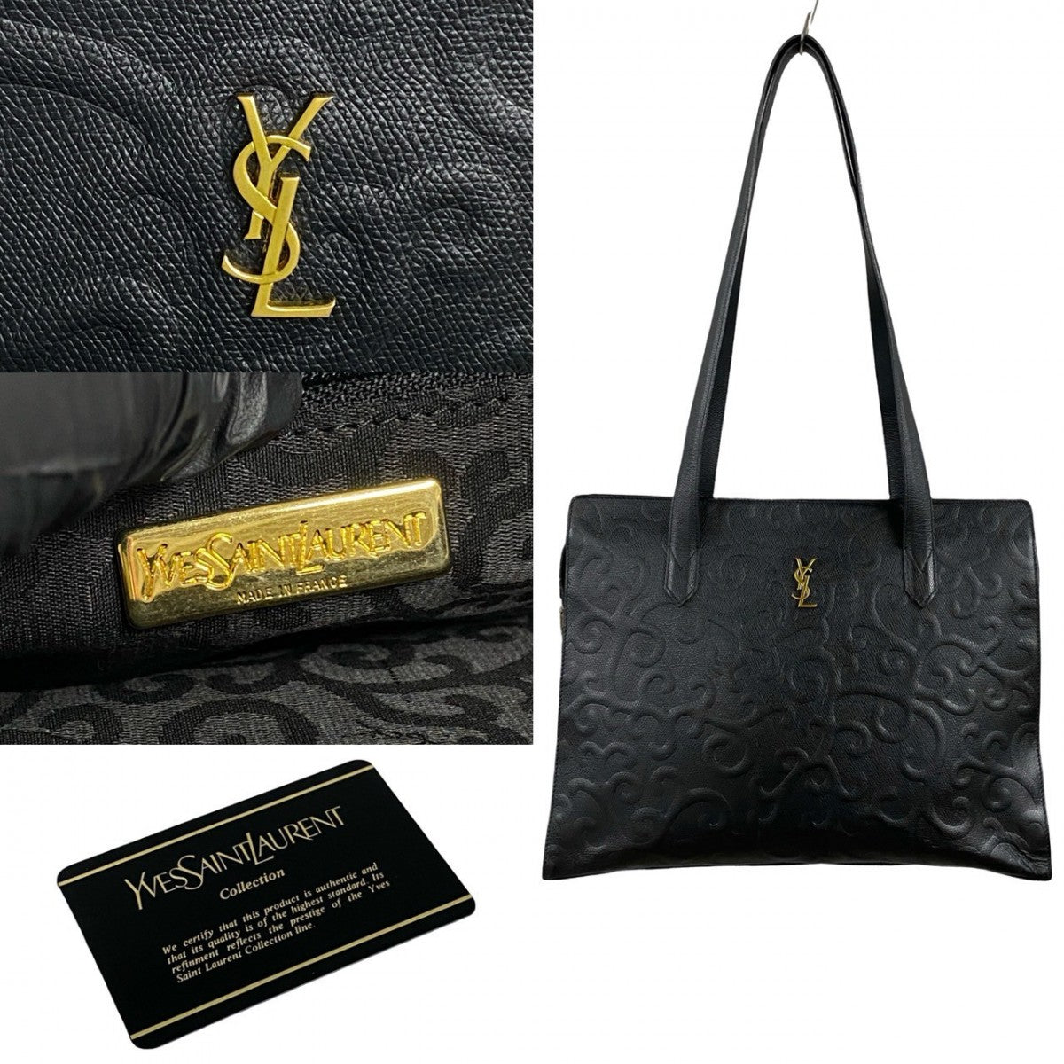 Yves Saint Laurent Tote Bag Leather Black Ysl Logo Arabesque Pattern Women(Unisex)