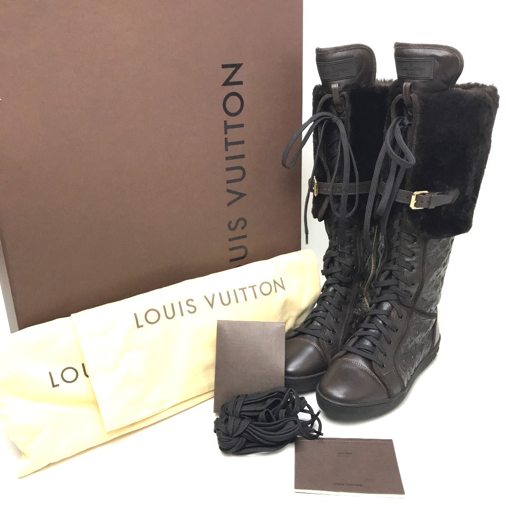 Louis Vuitton Boots Leather Brown Polka Lv Embossing Women 35.5