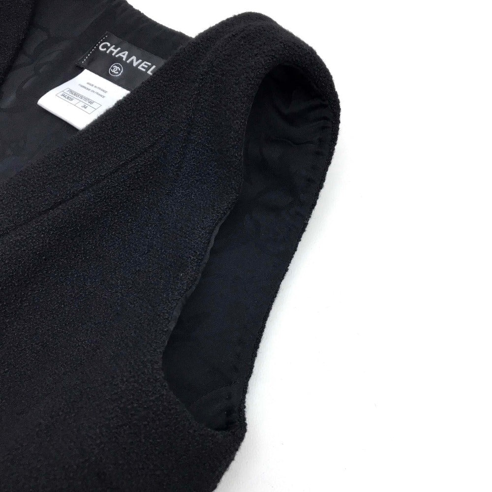Chanel One Piece Tweed, Silk Black 15C Beaded V-Neck With Front Button Women 34