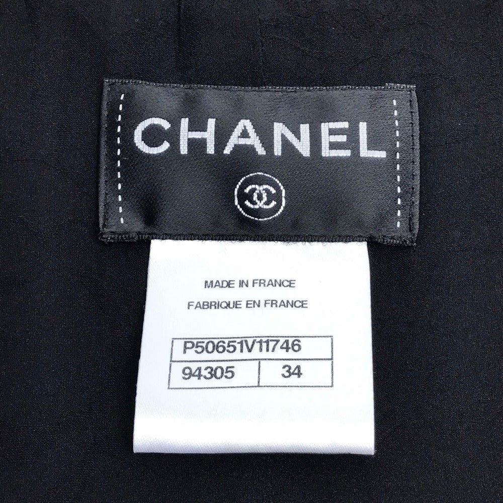 Chanel One Piece Tweed, Silk Black 15C Beaded V-Neck With Front Button Women 34