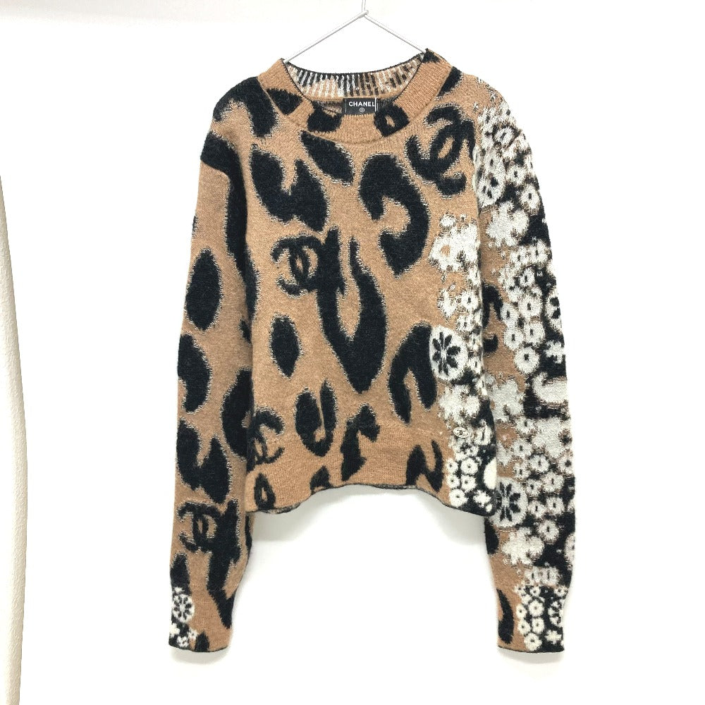 Chanel Sweater P75361 Cashmere Brown 23A Coco Mark Leopard Pattern 34