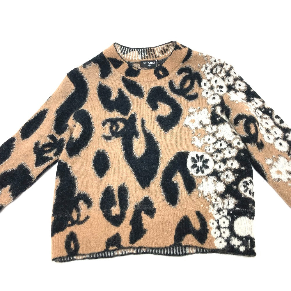 Chanel Sweater P75361 Cashmere Brown 23A Coco Mark Leopard Pattern 34