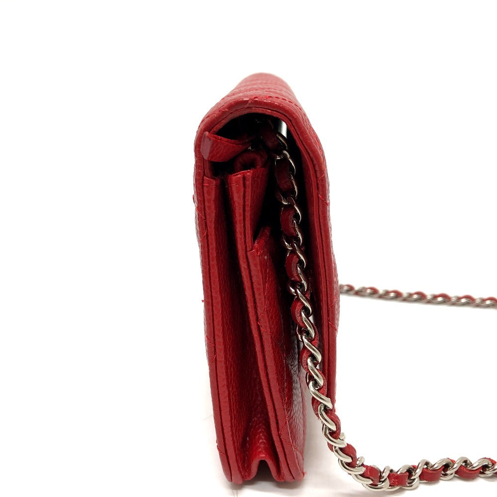 Chanel Shoulder Bag Ap0250 Caviar Skin Red Long Wallet Purse Cc Coco Mark Classic