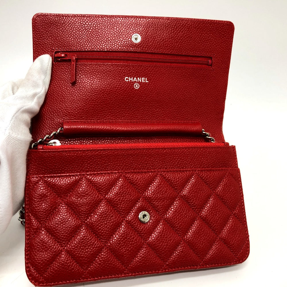 Chanel Shoulder Bag Ap0250 Caviar Skin Red Long Wallet Purse Cc Coco Mark Classic