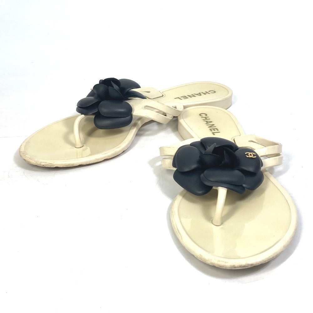 Chanel Sandals Rubber White X Black Flat Petanko Camellia Coco Mark Cc Women 37