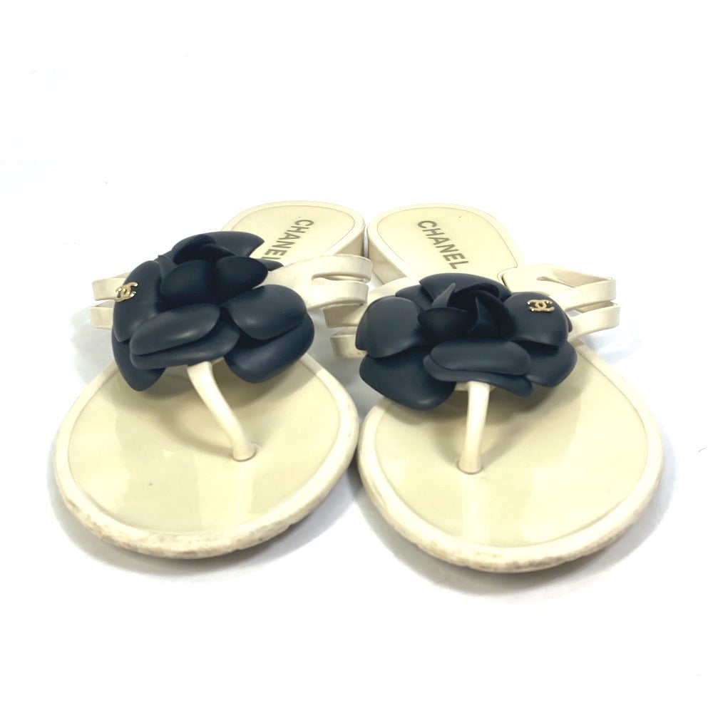 Chanel Sandals Rubber White X Black Flat Petanko Camellia Coco Mark Cc Women 37