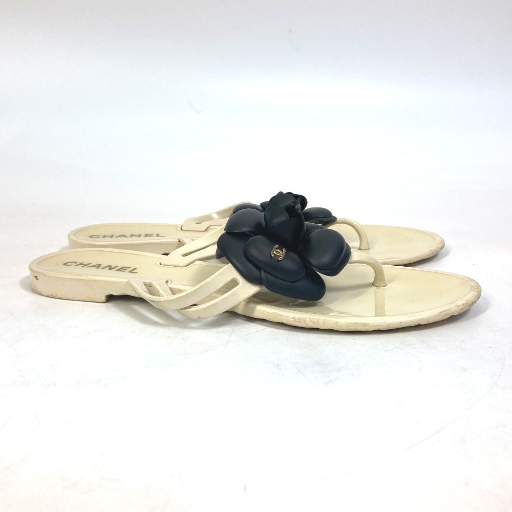 Chanel Sandals Rubber White X Black Flat Petanko Camellia Coco Mark Cc Women 37