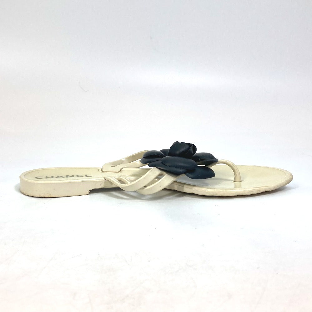 Chanel Sandals Rubber White X Black Flat Petanko Camellia Coco Mark Cc Women 37