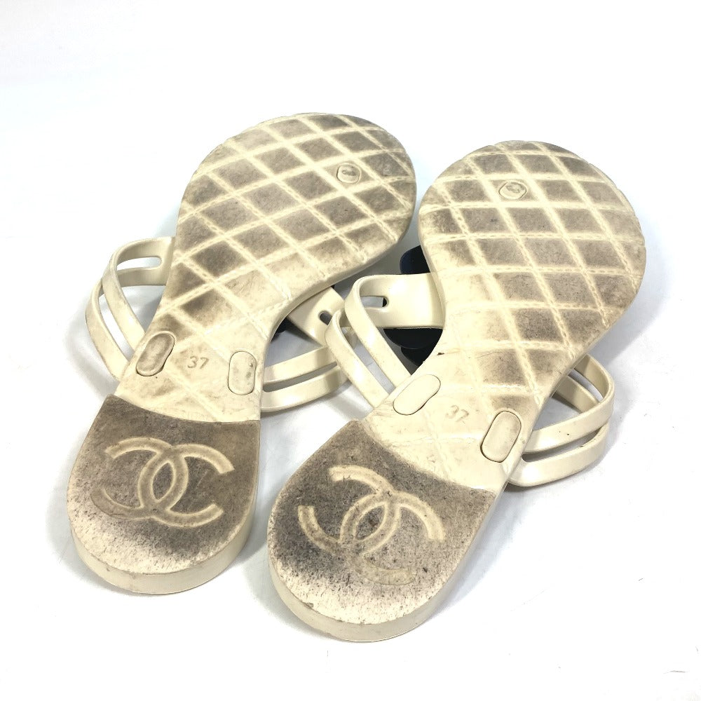 Chanel Sandals Rubber White X Black Flat Petanko Camellia Coco Mark Cc Women 37