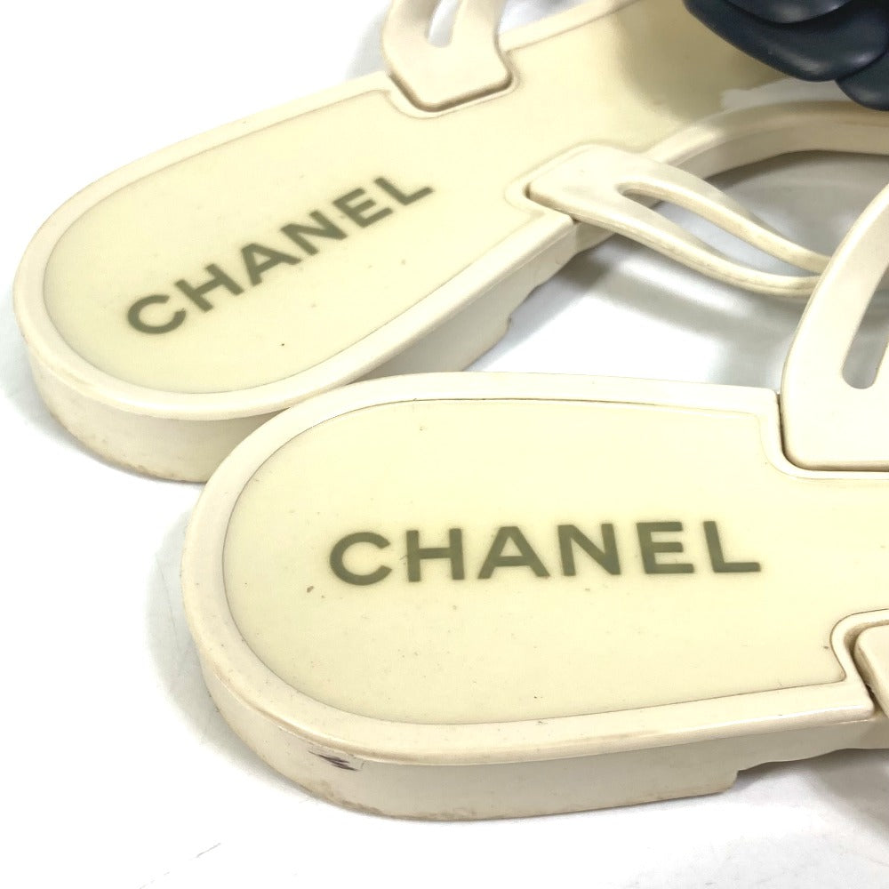 Chanel Sandals Rubber White X Black Flat Petanko Camellia Coco Mark Cc Women 37