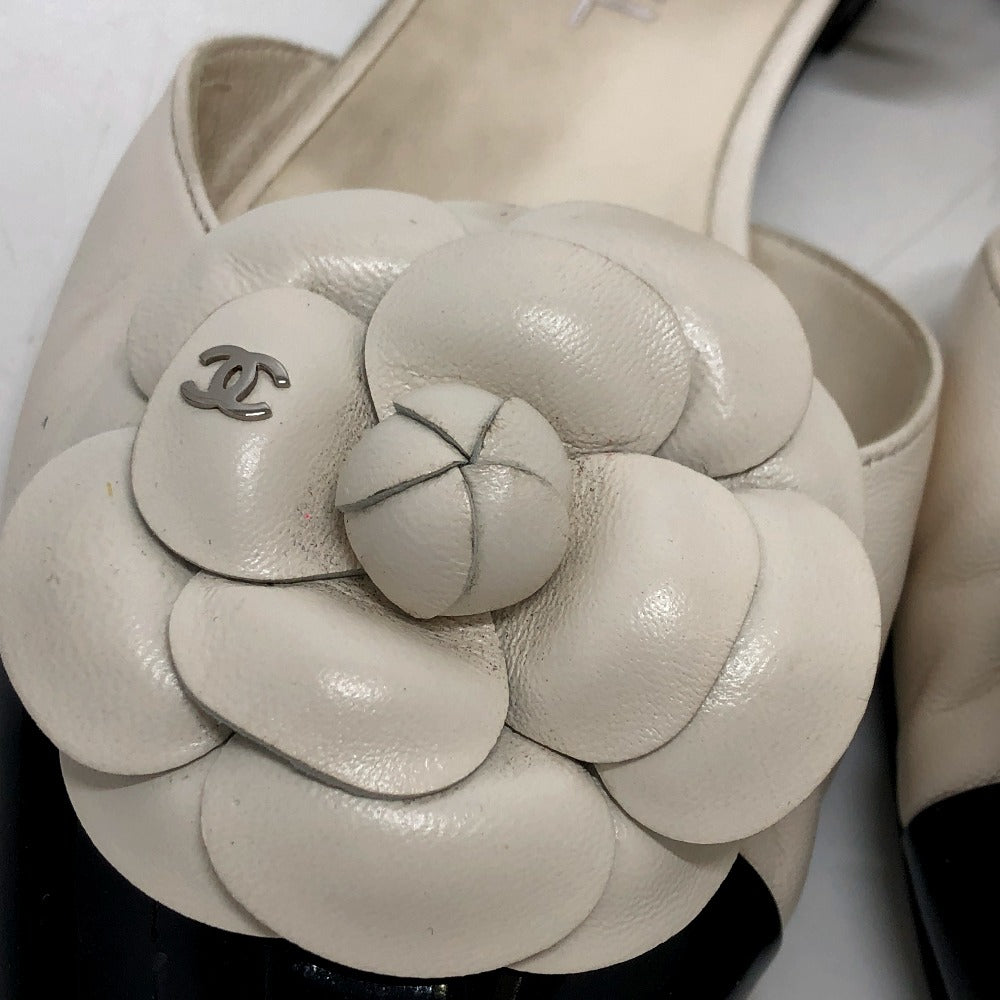 Chanel Sandals G45497 Leather White 24P Bicolor Camellia Women 37.5