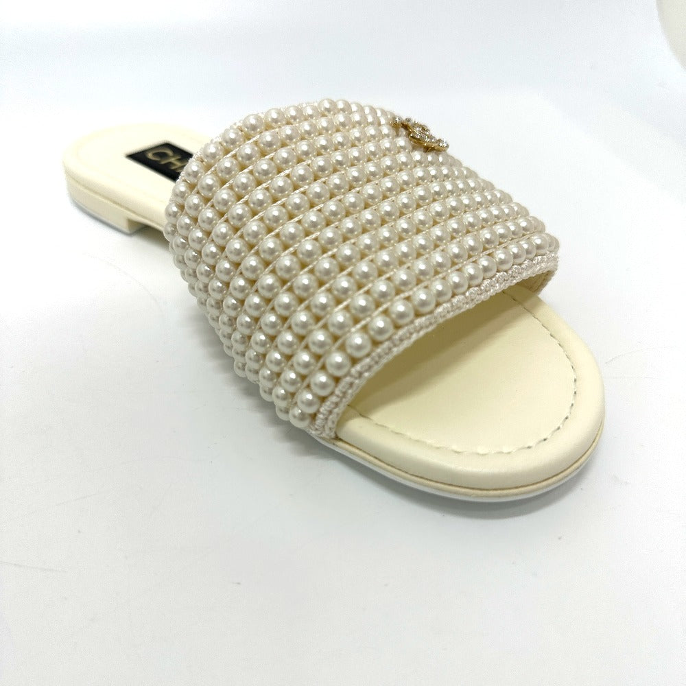 Chanel Sandals G46302B Leather White 25P Faux Pearl Coco Mark 36C