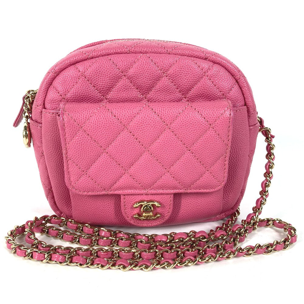 Chanel Shoulder Bag Caviar Skin Pink Matelasse Quilted Chain Bag Cc Coco Mark Women