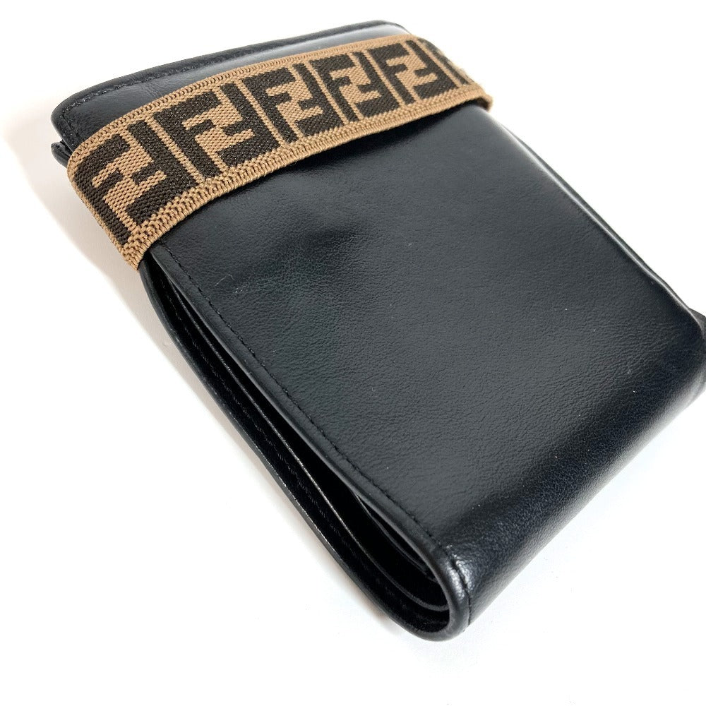 Fendi Folded Wallet 7M0266 Leather Black Zucca Rubber Belt Logo Unisex(Unisex)