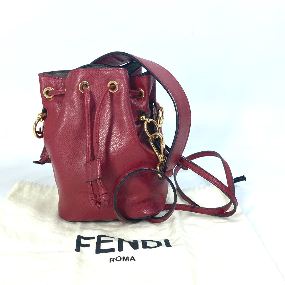 Fendi Shoulder Bag 8Bs010 Leather Red Ffmetal Drawstring Bucket Mini Montresor Women