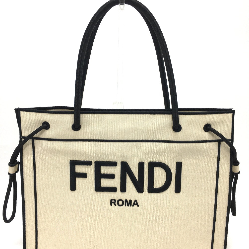 Fendi Tote Bag 8Bh379 Canvas Beige X Black Logo Rome Shopper Women