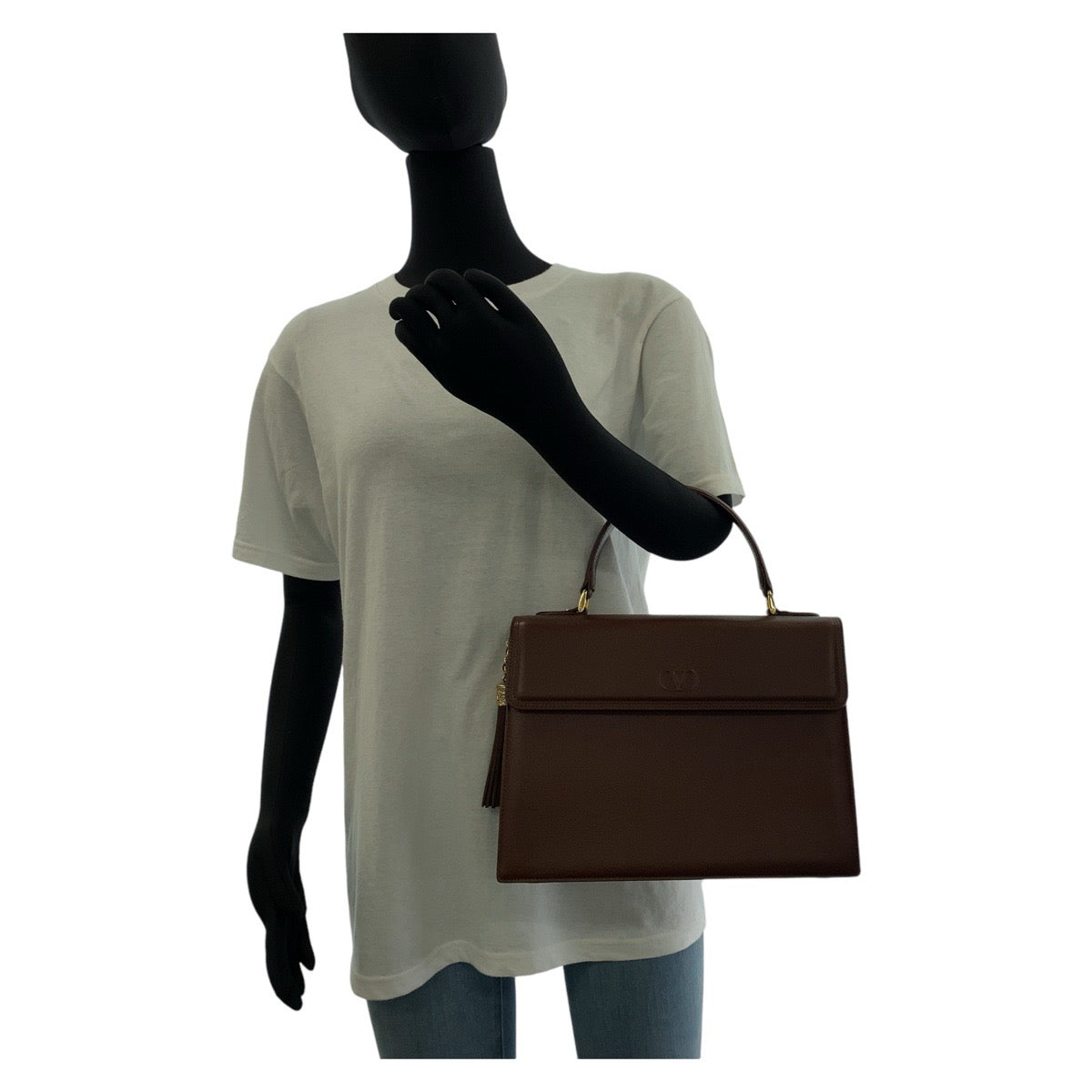 Valentino Garavani Handbag Leather Brown Gold Metal Kelly Style Tassel Women